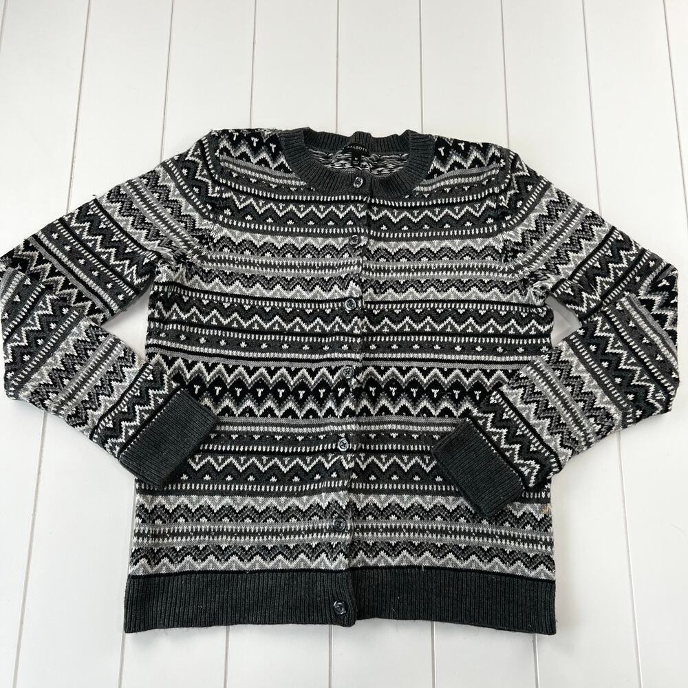 Talbots Women’s Fair Isle Knit Beaded Gray Black Cardigan Sweater size Medium